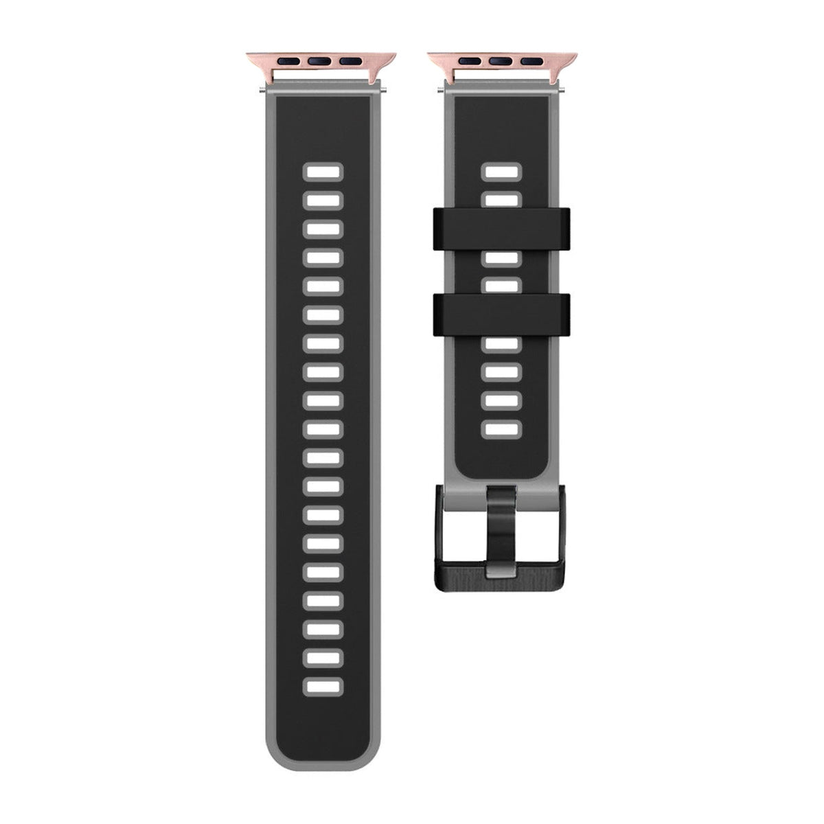 Two Tone Silicone Black / Grey Rose Gold with Black Hardware with Connecters - Spring Bar Type for Apple Watch