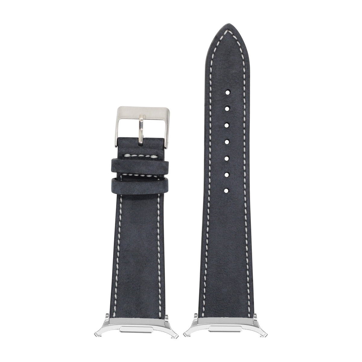 Nubuck Leather - Black | White Stitching Silver with Strap Adapter for Galaxy Watch 8-9/Ultra