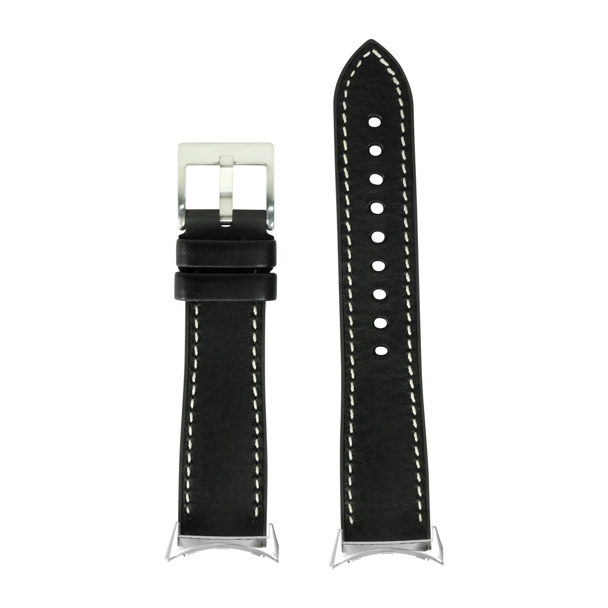 Italian Leather & FKM Rubber Hybrid Black Silver with Google Pixel Spring Bar Adapters - Wear Any 20mm Strap! for Pixel Watch 3-5 45mm