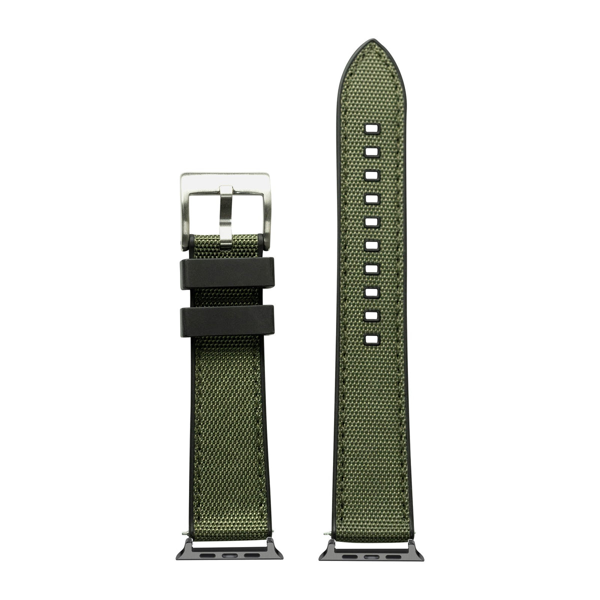 Sailcloth & FKM Rubber Hybrid Army Green Black with Connecters - Spring Bar Type for Apple Watch