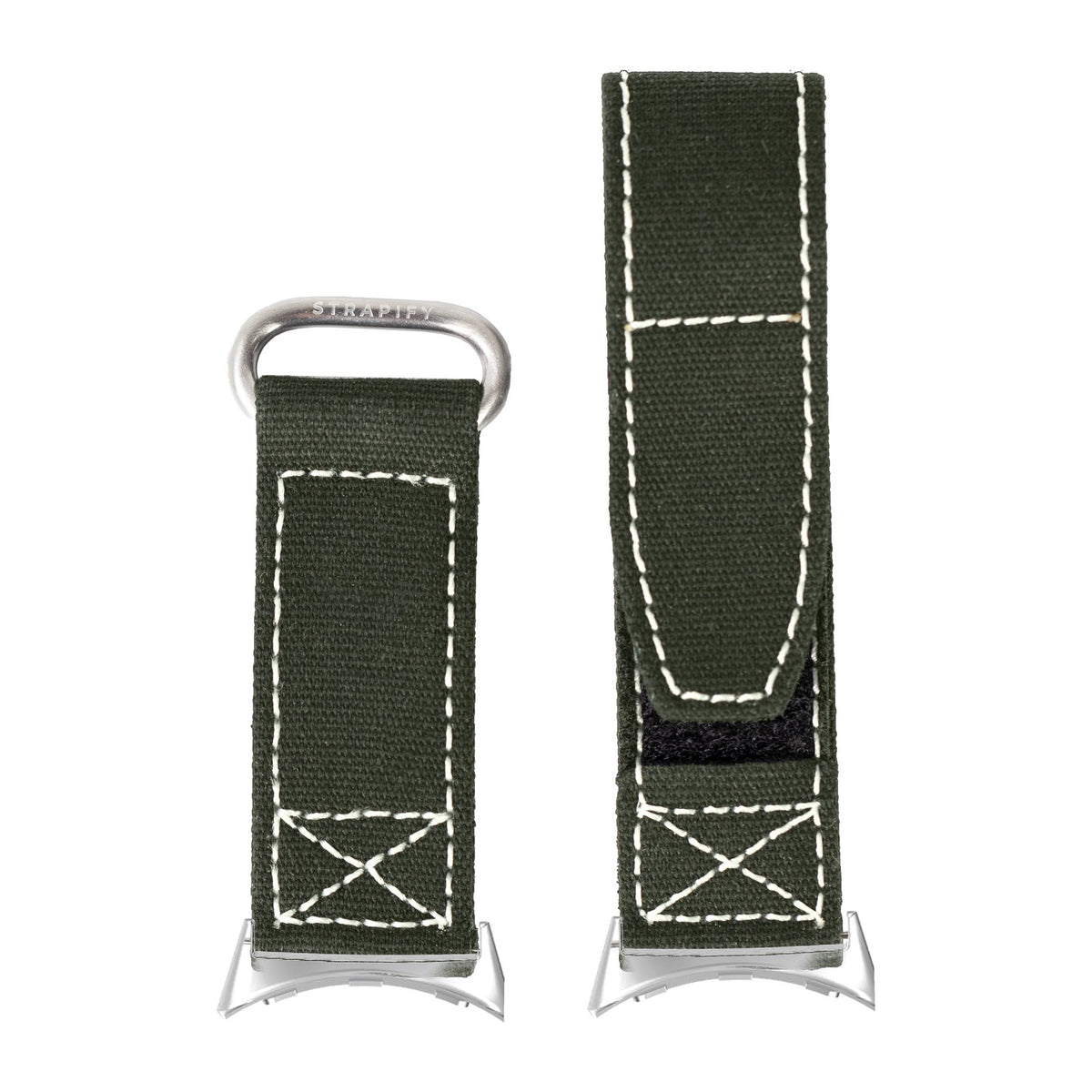 Military Velcro - Army Green | White Stitching Silver with Google Pixel Spring Bar Adapters - Wear Any 20mm Strap! for Pixel Watch 3-5 45mm