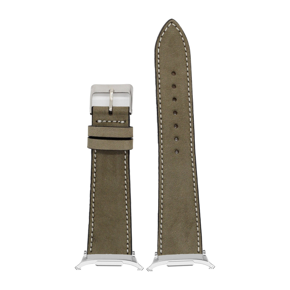 Nubuck Leather - Olive Green | White Stitching Silver with Strap Adapter for Galaxy Watch 8-9/Ultra
