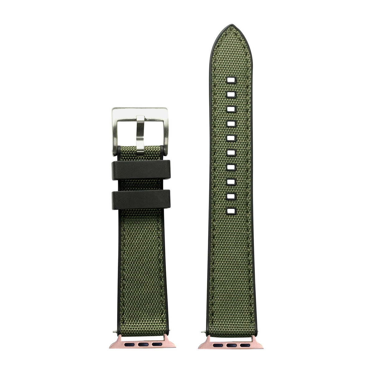 Sailcloth & FKM Rubber Hybrid Army Green Rose Gold with Connecters - Spring Bar Type for Apple Watch