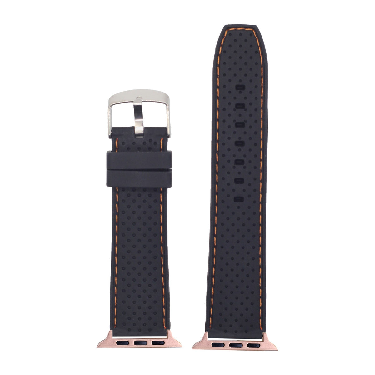 Perforated Flexi Silicone Black | Orange Stitching Rose Gold with Connecters - Spring Bar Type for Apple Watch