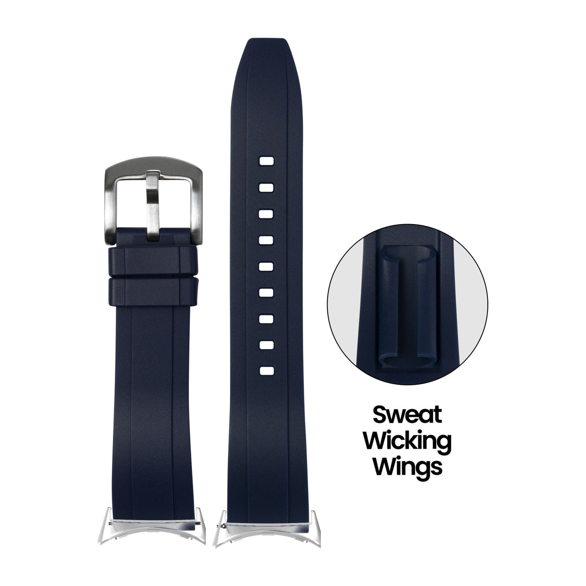Kingston FKM Rubber - Midnight Blue Silver with Google Pixel Spring Bar Adapters - Wear Any 20mm Strap! for Pixel Watch 3-5 45mm