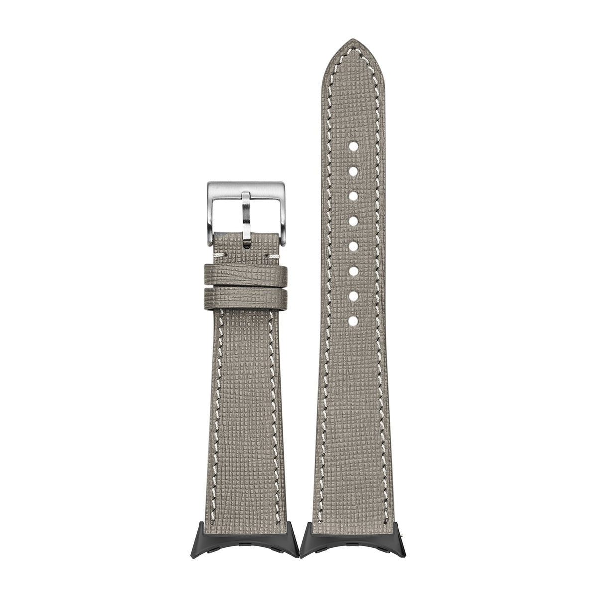 Chevre Saffiano Leather - Taupe Grey Black with White Stitching with Google Pixel Spring Bar Adapters - Wear Any 20mm Strap! for Pixel Watch 3-5 45mm