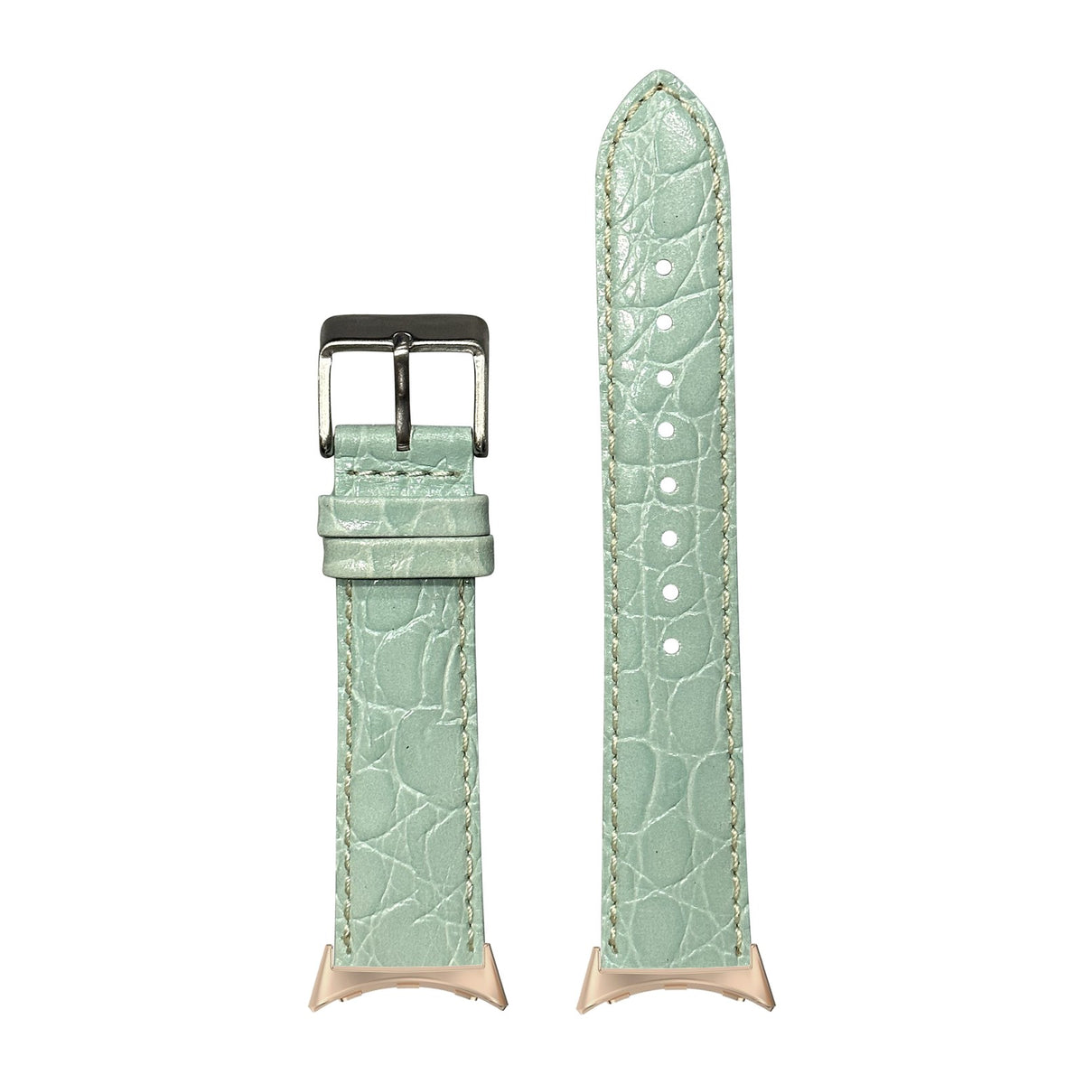 Alligator Leather - Light Tiffany Blue | White Stitching Rose Gold with Google Pixel Spring Bar Adapters - Wear Any 20mm Strap! for Pixel Watch 3-5 45mm