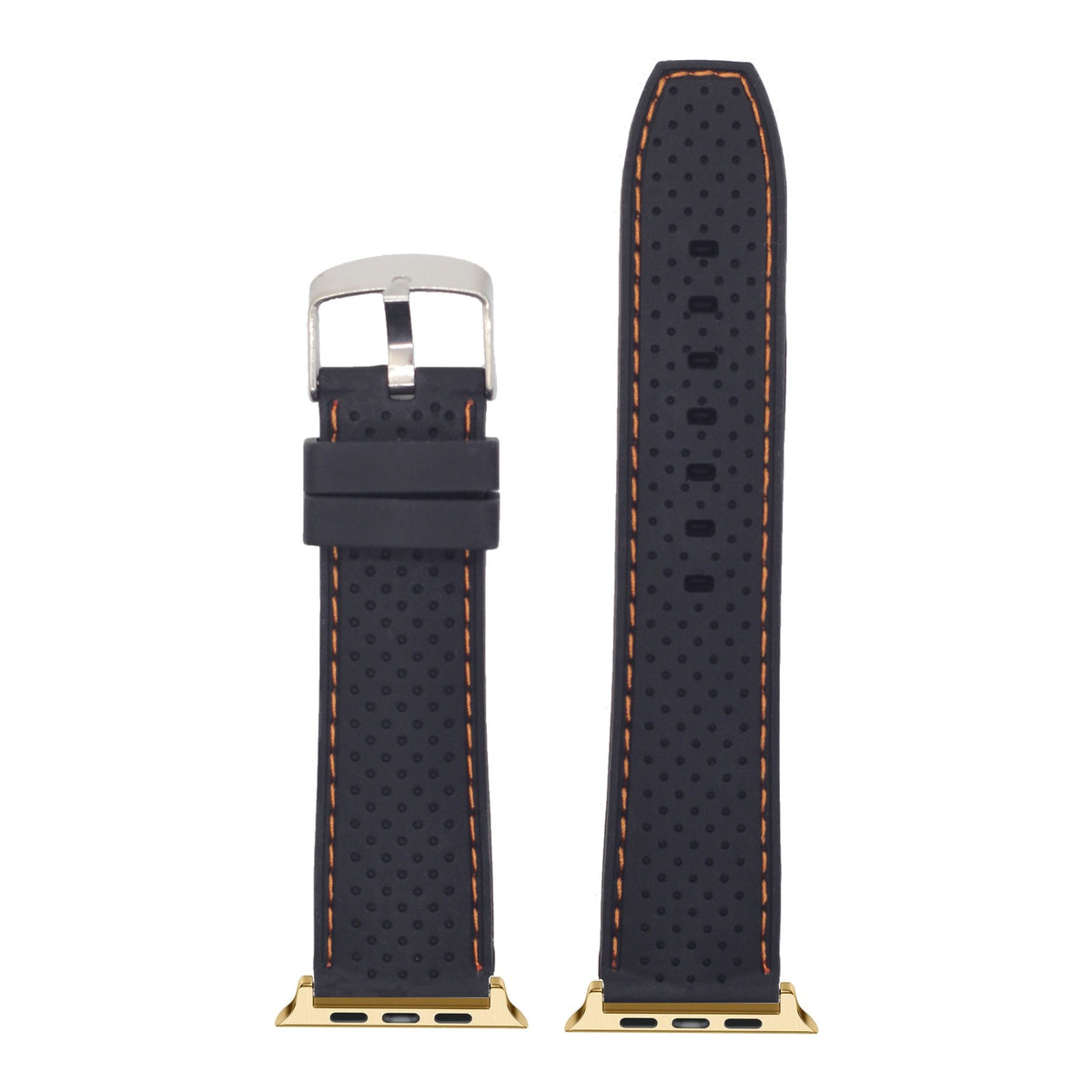 [Apple Watch] Perforated Flexi Silicone Black | Orange Stitching with Gold Apple Watch connecters