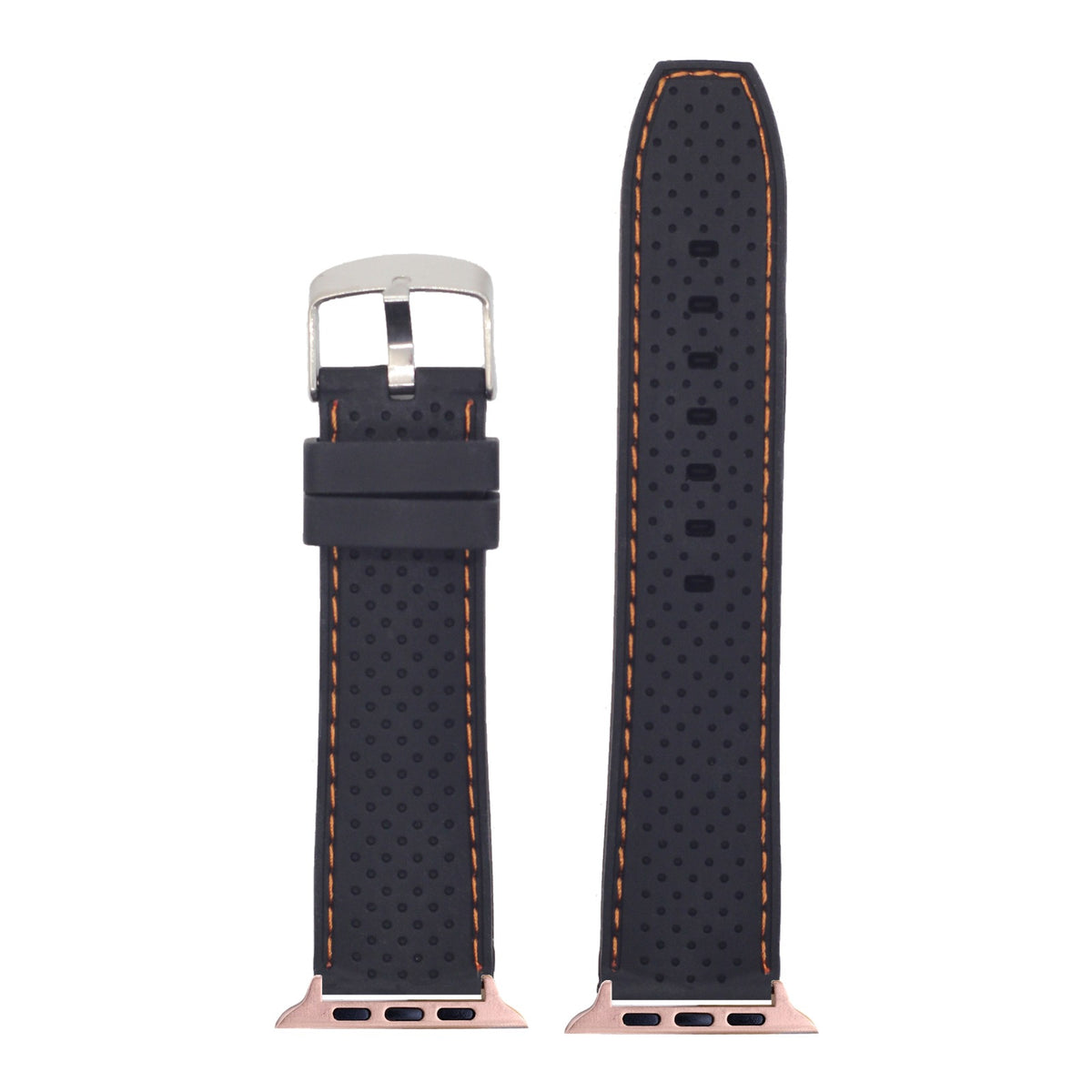 [Apple Watch] Perforated Flexi Silicone Black | Orange Stitching with Rose Gold Apple Watch connecters