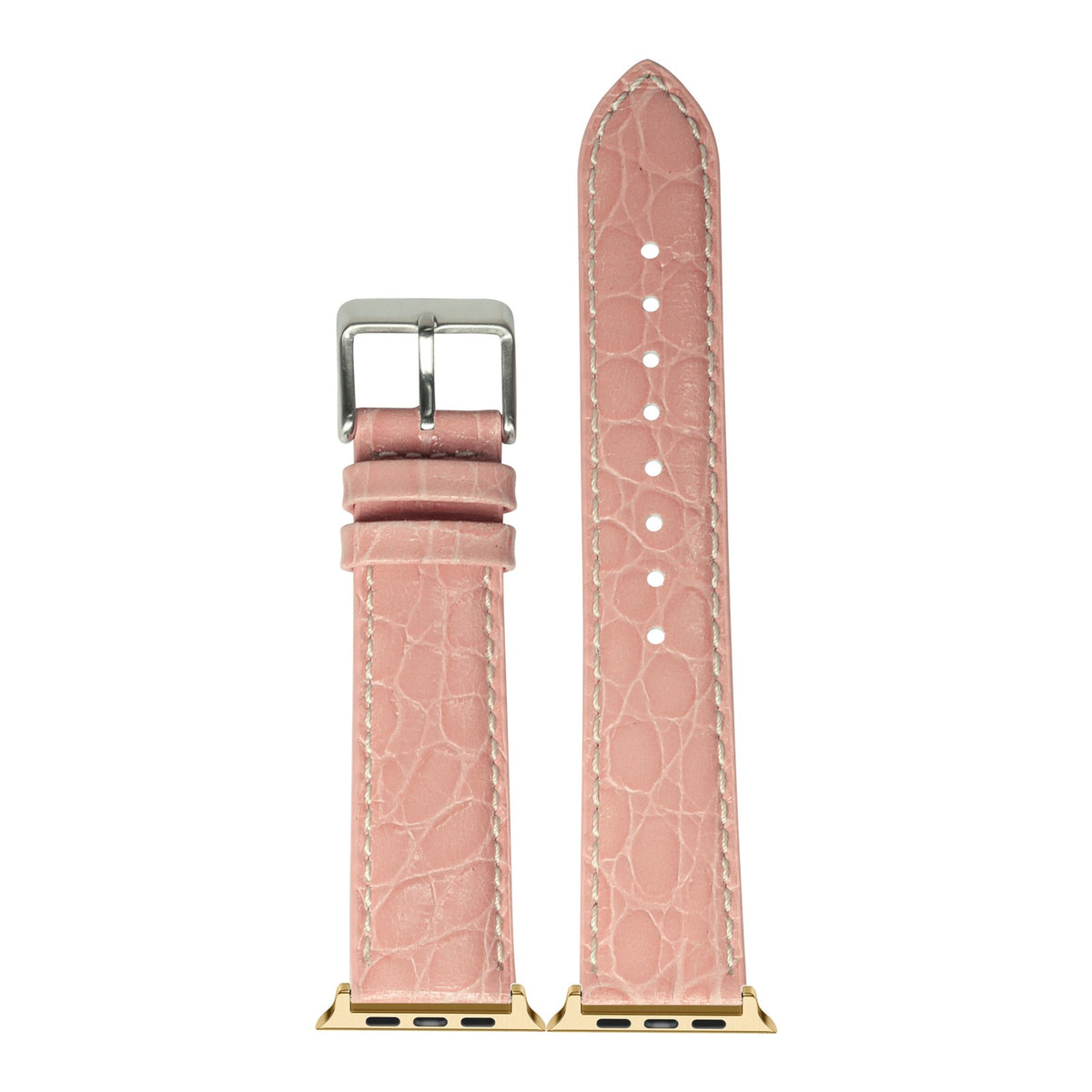 [Apple Watch] Alligator Leather - Pink with White Stitching with Gold Apple Watch connecters