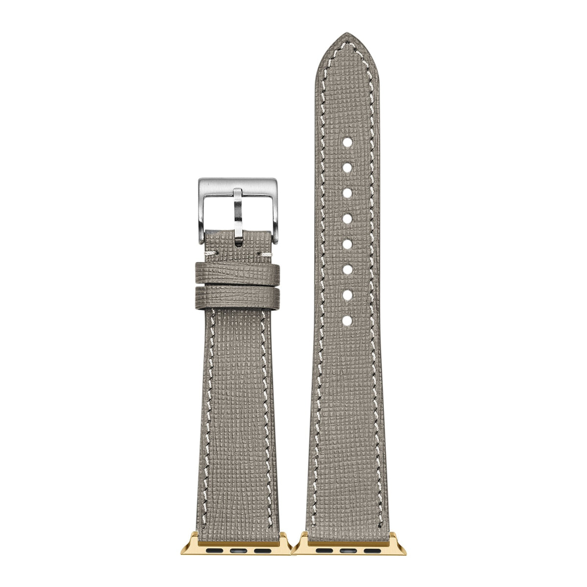 [Apple Watch] Chevre Saffiano Leather - Taupe Grey with White Stitching with Gold Apple Watch connecters