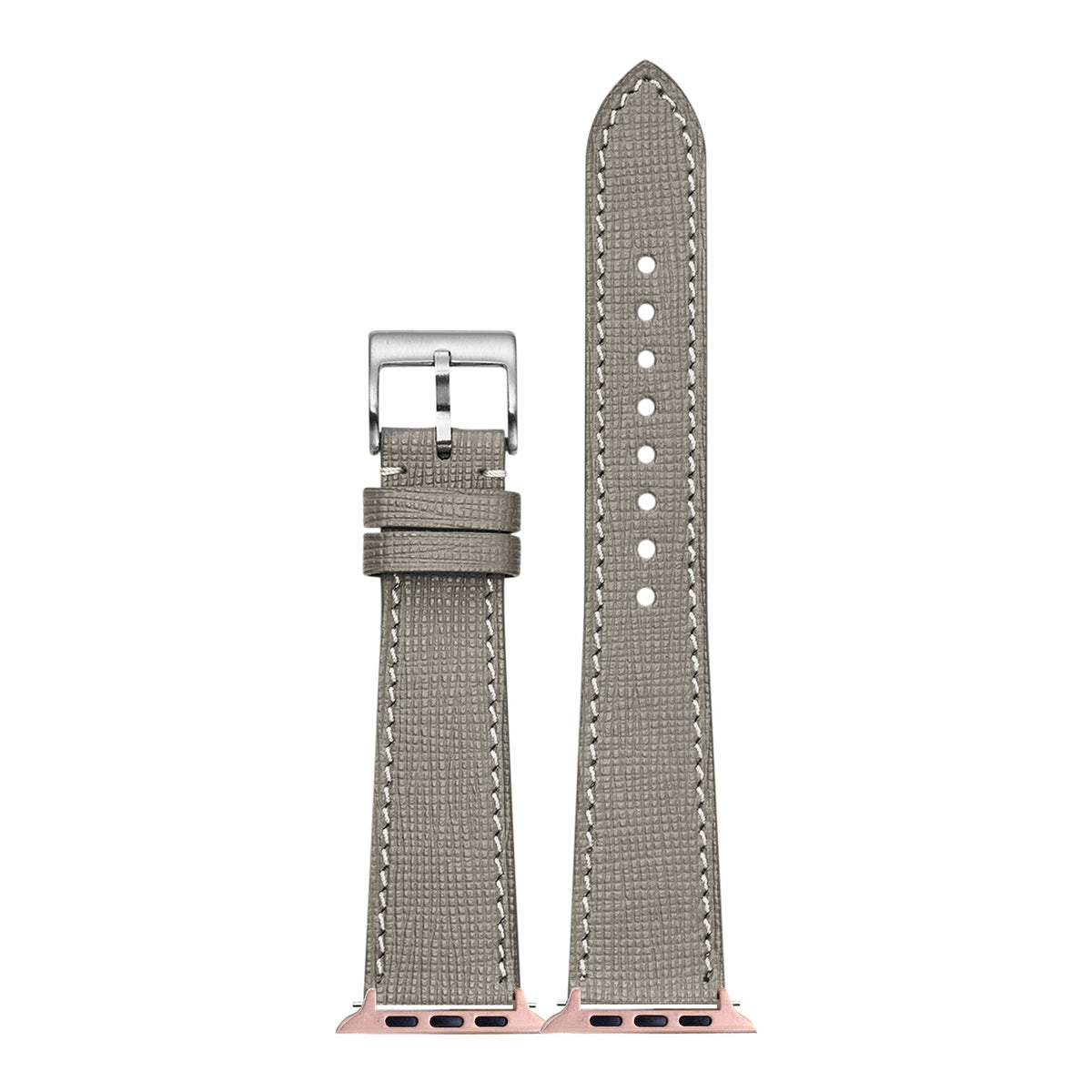 [Apple Watch] Chevre Saffiano Leather - Taupe Grey with White Stitching with Rose Gold Apple Watch connecters