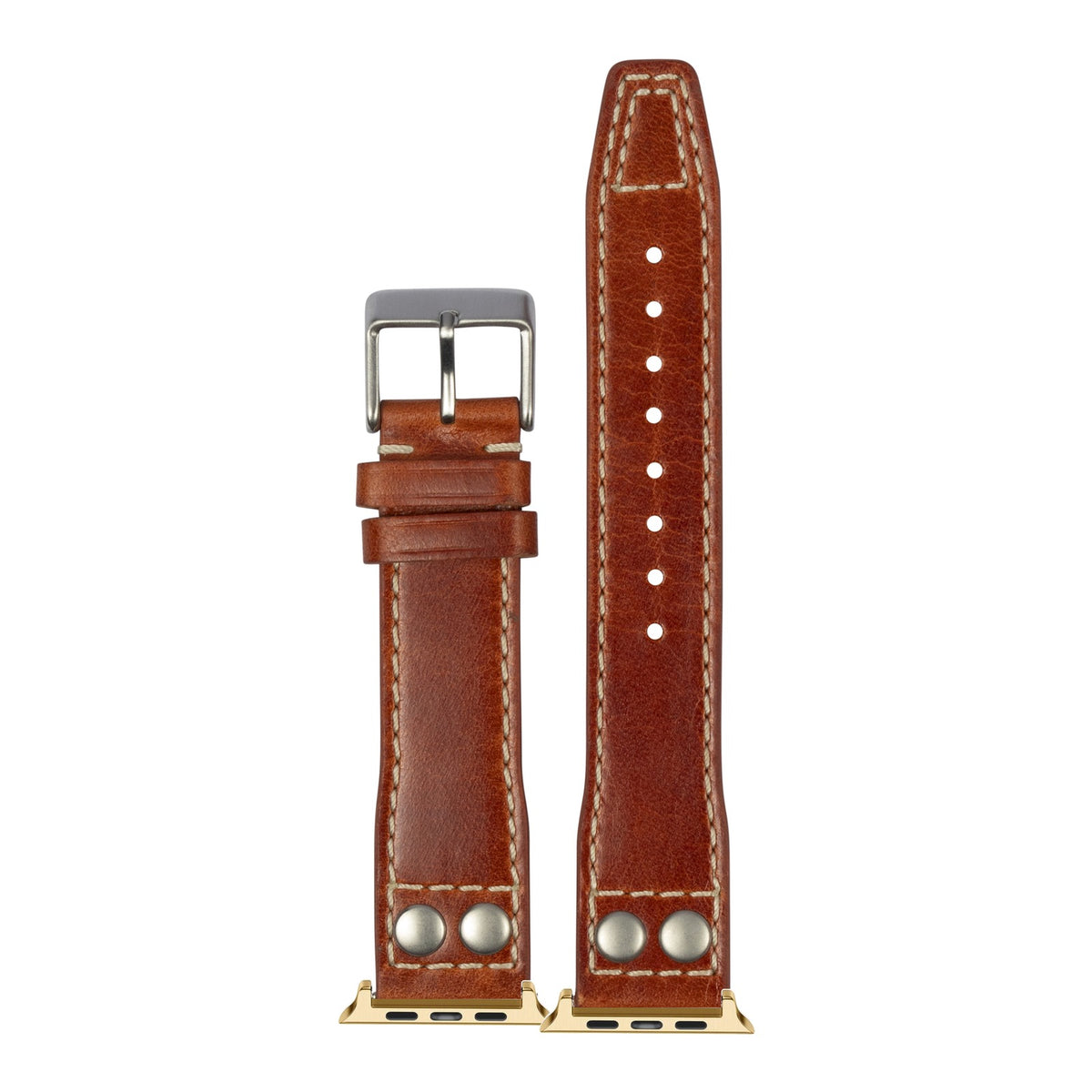 [Apple Watch] Pilot Leather with Rivets - Brown with Gold Apple Watch connecters