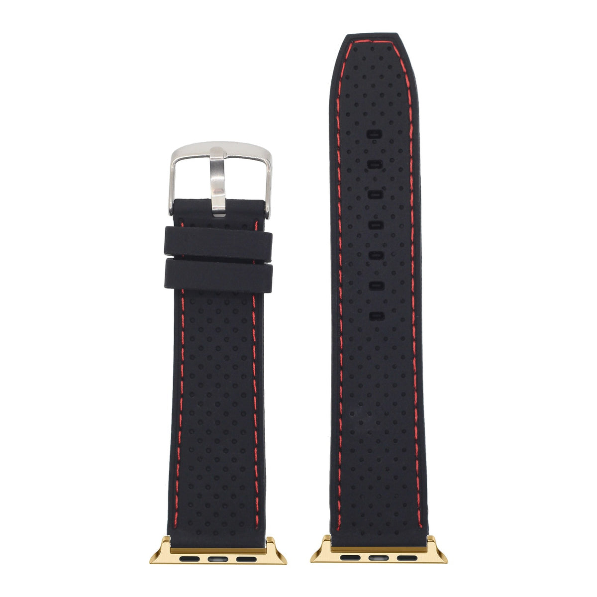 [Apple Watch] Perforated Flexi Silicone Black | Red Stitching with Gold Apple Watch connecters