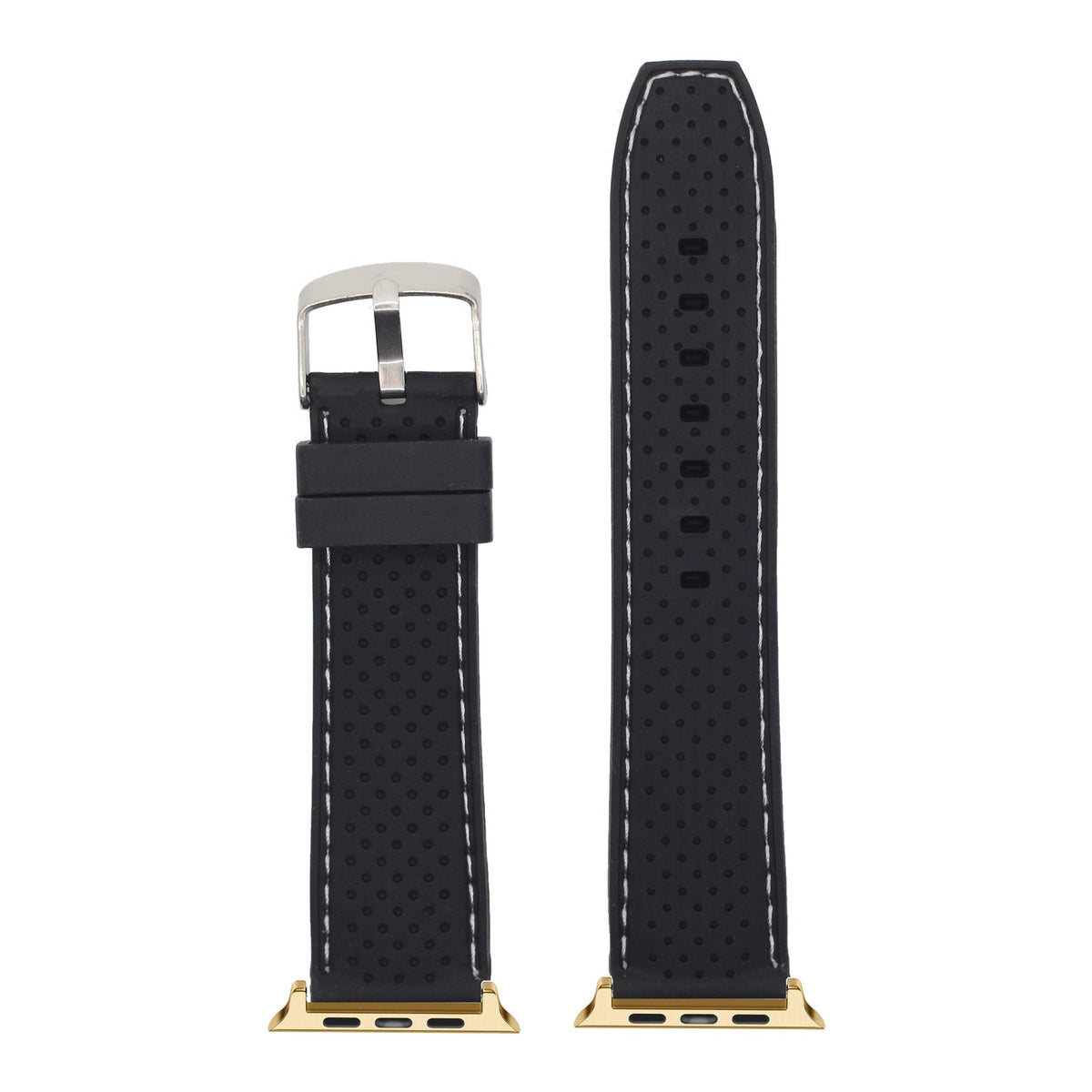 [Apple Watch] Perforated Flexi Silicone Black | White Stitching with Gold Apple Watch connecters