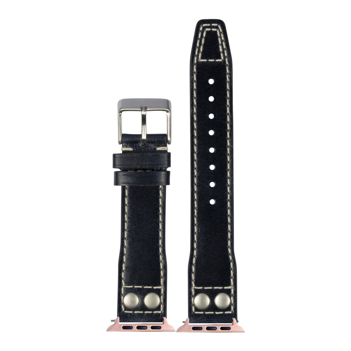 [Apple Watch] Pilot Leather with Rivets - Black with Rose Gold Apple Watch connecters
