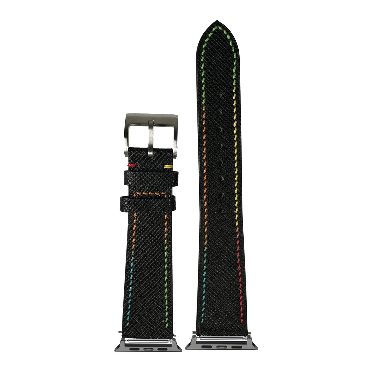 [Apple Watch] Chevre Saffiano - Black | Rainbow Stitching with Black Apple Watch connecters