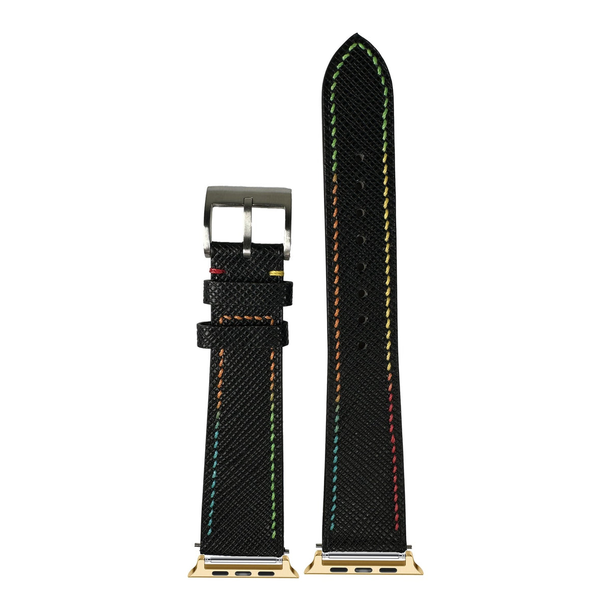 [Apple Watch] Chevre Saffiano - Black | Rainbow Stitching with Gold Apple Watch connecters