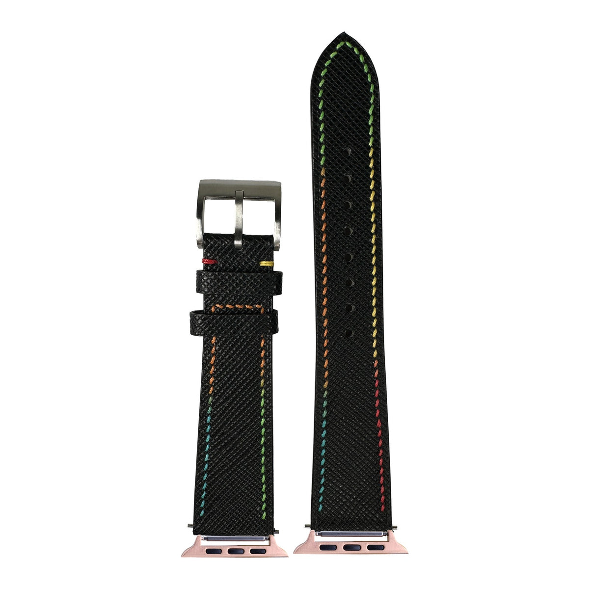 [Apple Watch] Chevre Saffiano - Black | Rainbow Stitching with Rose Gold Apple Watch connecters