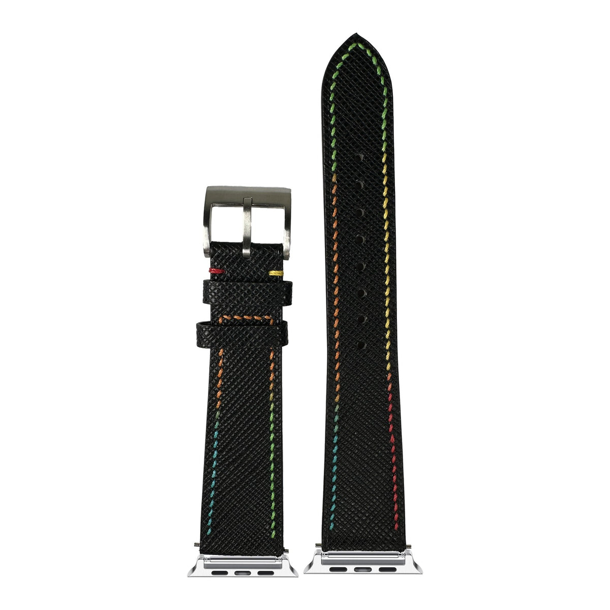 [Apple Watch] Chevre Saffiano - Black | Rainbow Stitching with Silver Apple Watch connecters