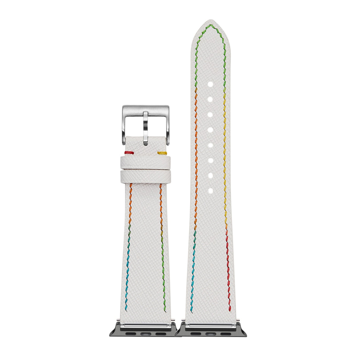 [Apple Watch] Chevre Saffiano - White | Rainbow Stitching with Black Apple Watch connecters