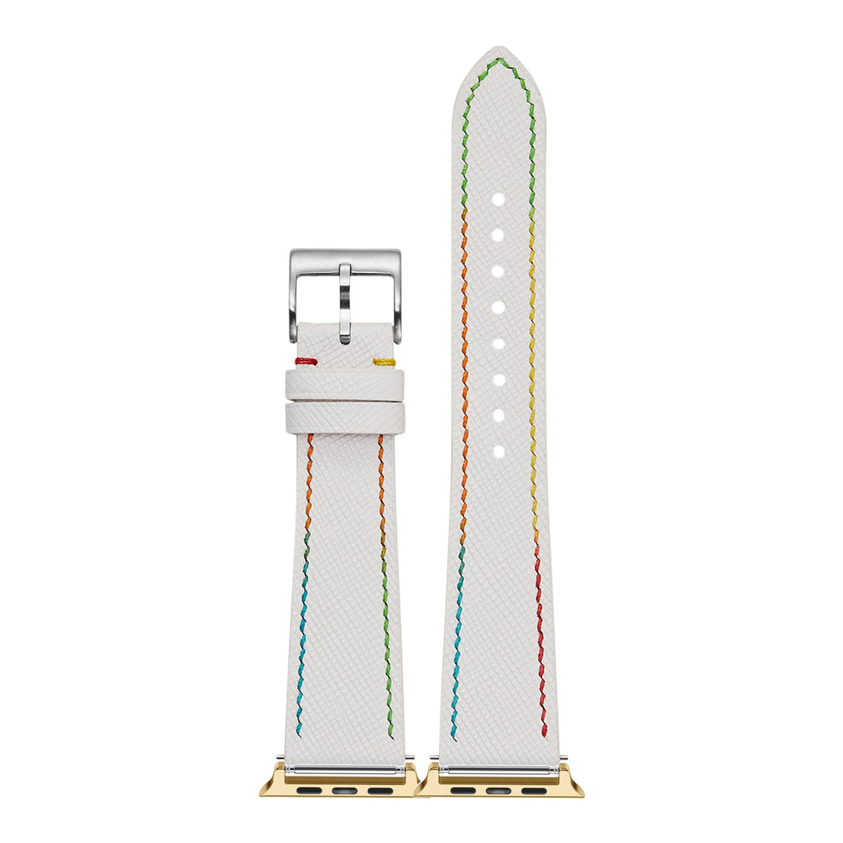 [Apple Watch] Chevre Saffiano - White | Rainbow Stitching with Gold Apple Watch connecters