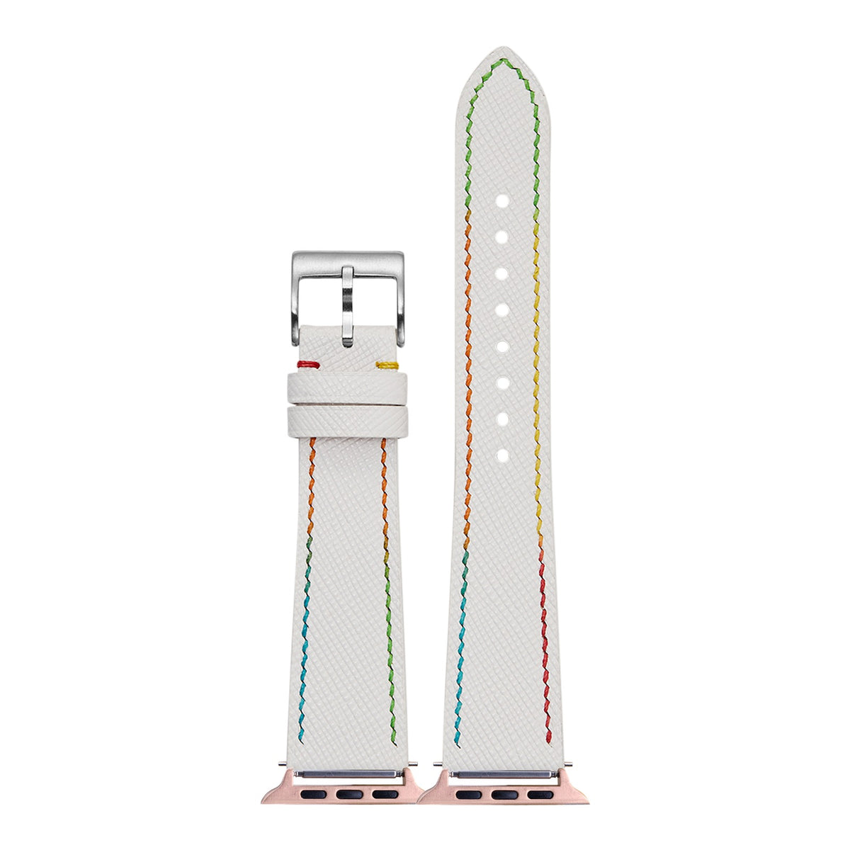 [Apple Watch] Chevre Saffiano - White | Rainbow Stitching with Rose Gold Apple Watch connecters