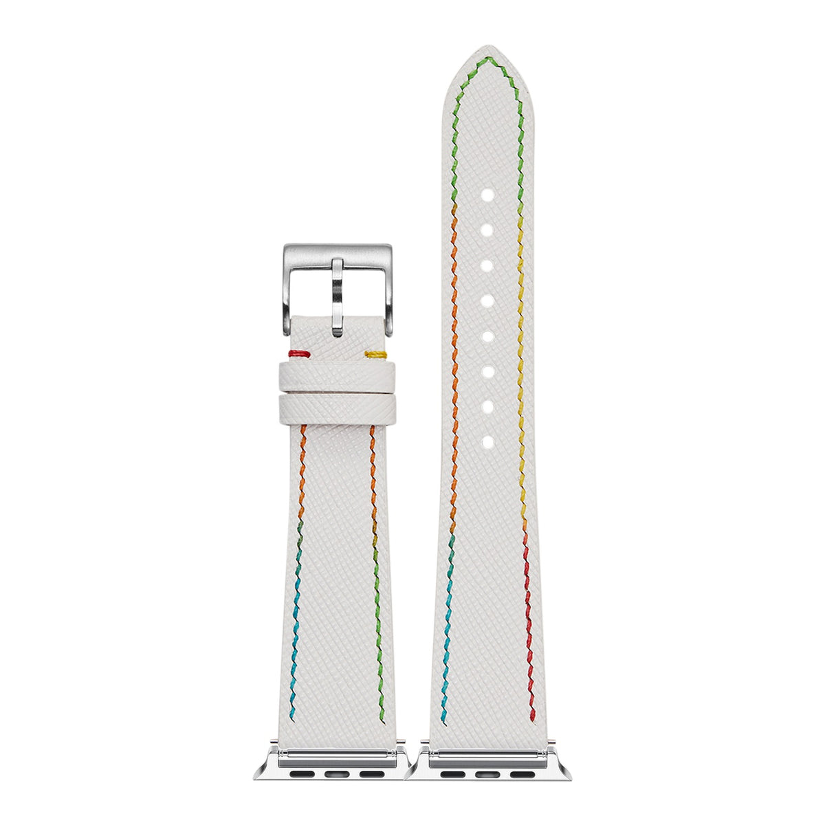[Apple Watch] Chevre Saffiano - White | Rainbow Stitching with Silver Apple Watch connecters