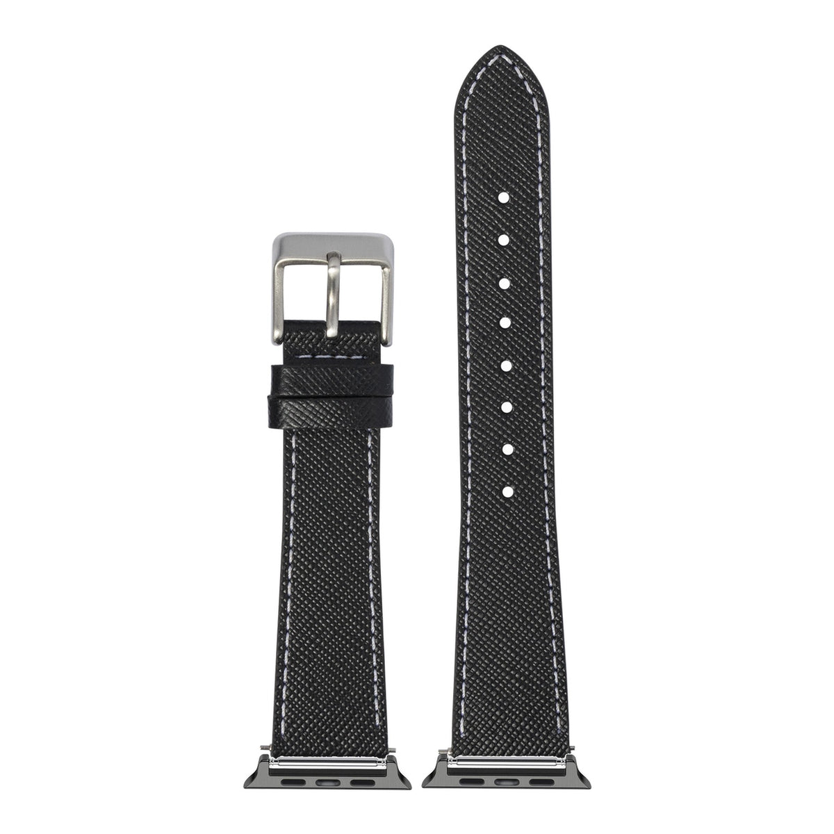 [Apple Watch] Saffiano Leather - Black with White Stitching with Black Apple Watch connecters