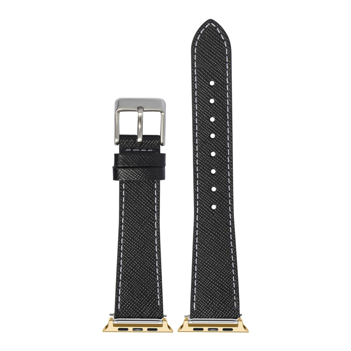 [Apple Watch] Saffiano Leather - Black with White Stitching with Gold Apple Watch connecters