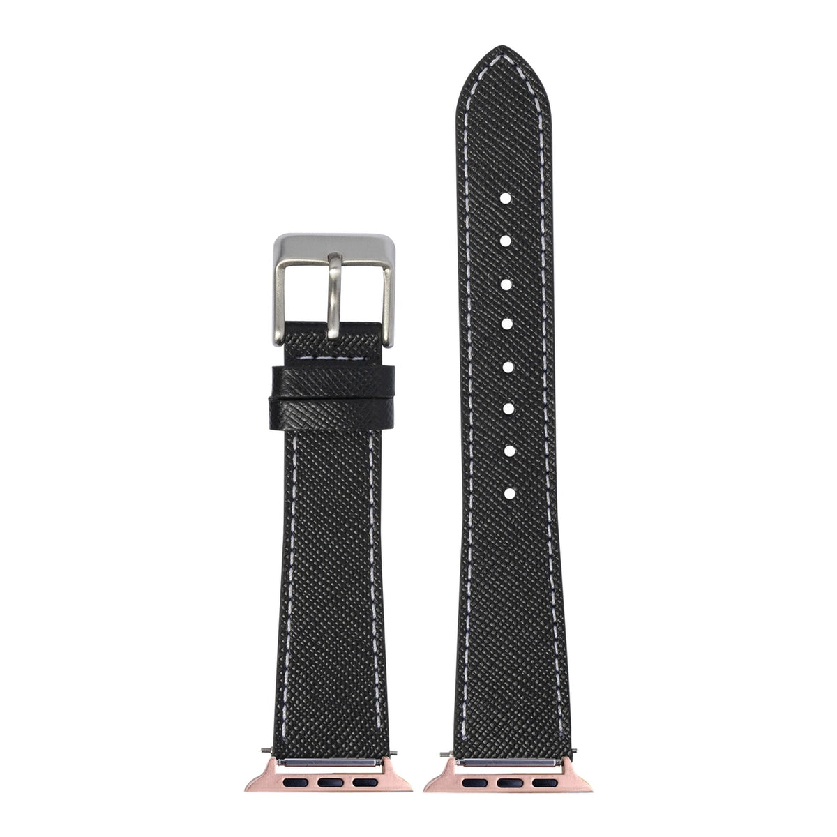 [Apple Watch] Saffiano Leather - Black with White Stitching with Rose Gold Apple Watch connecters