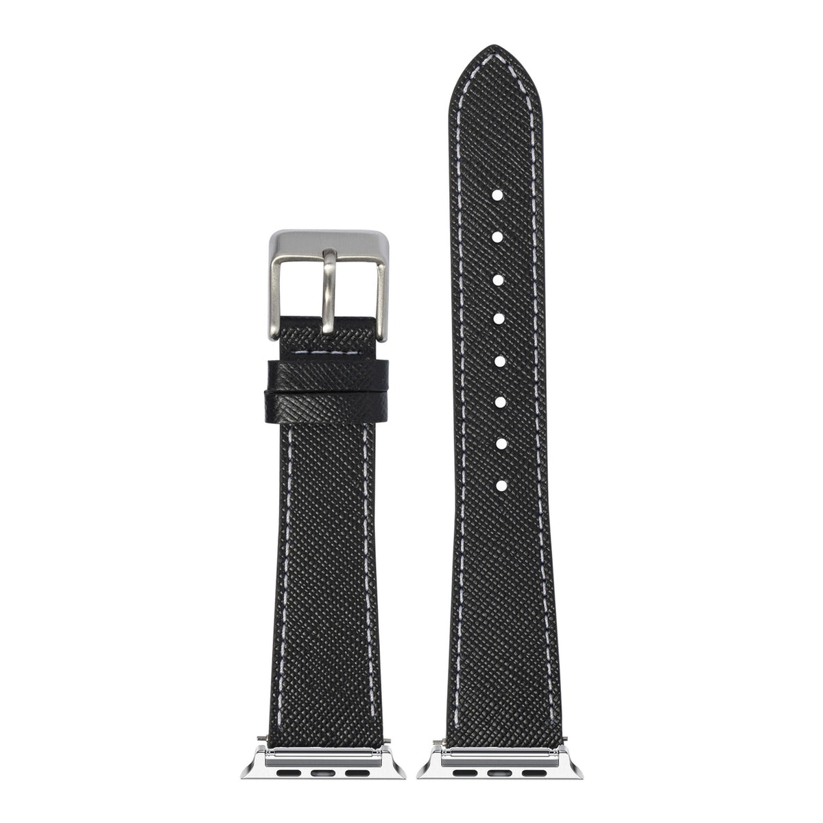 [Apple Watch] Saffiano Leather - Black with White Stitching with Silver Apple Watch connecters