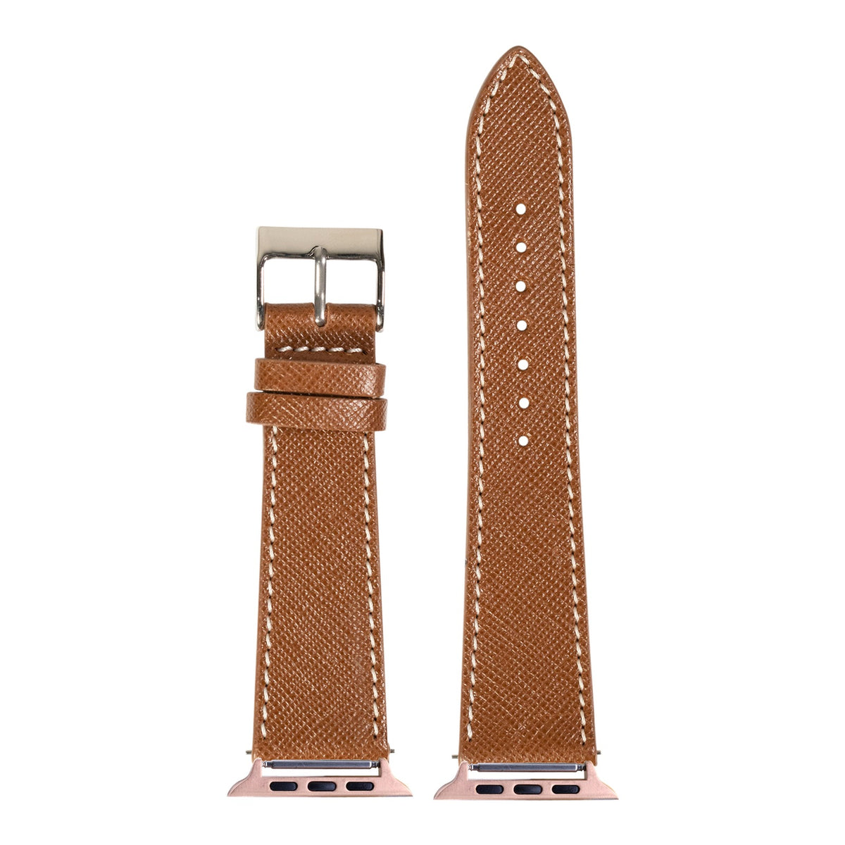 [Apple Watch] Saffiano Leather - Brown with White Stitching with Rose Gold Apple Watch connecters