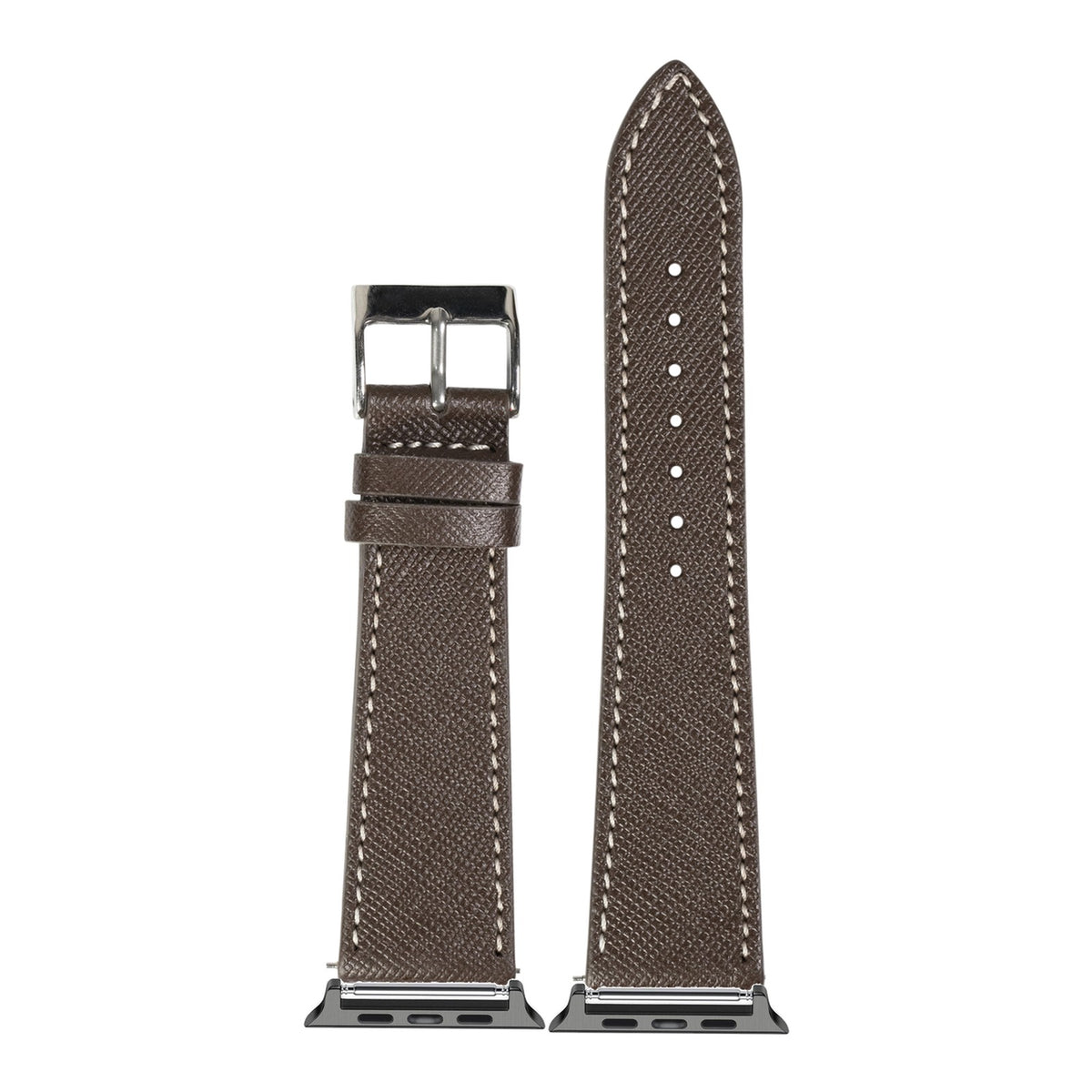 [Apple Watch] Saffiano Leather - Dark Brown with White Stitching with Black Apple Watch connecters