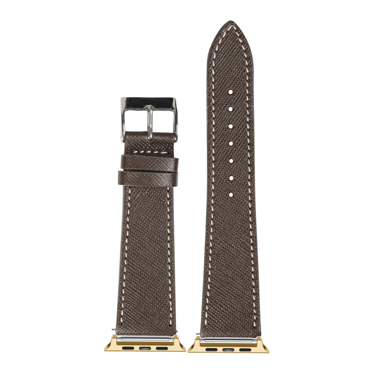 [Apple Watch] Saffiano Leather - Dark Brown with White Stitching with Gold Apple Watch connecters