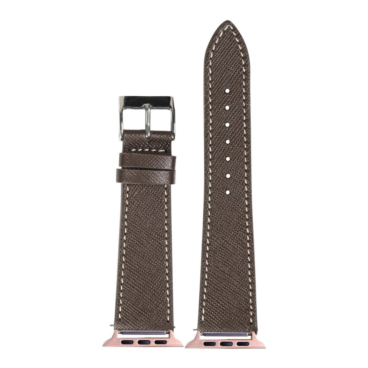 [Apple Watch] Saffiano Leather - Dark Brown with White Stitching with Rose Gold Apple Watch connecters