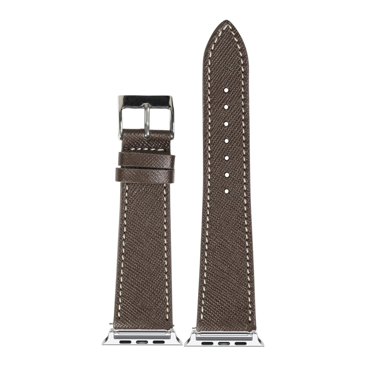 [Apple Watch] Saffiano Leather - Dark Brown with White Stitching with Silver Apple Watch connecters