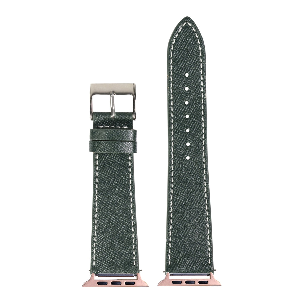 [Apple Watch] Saffiano Leather - Forest Green with White Stitching with Rose Gold Apple Watch connecters