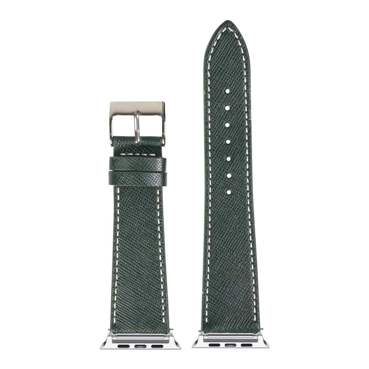 [Apple Watch] Saffiano Leather - Forest Green with White Stitching with Silver Apple Watch connecters
