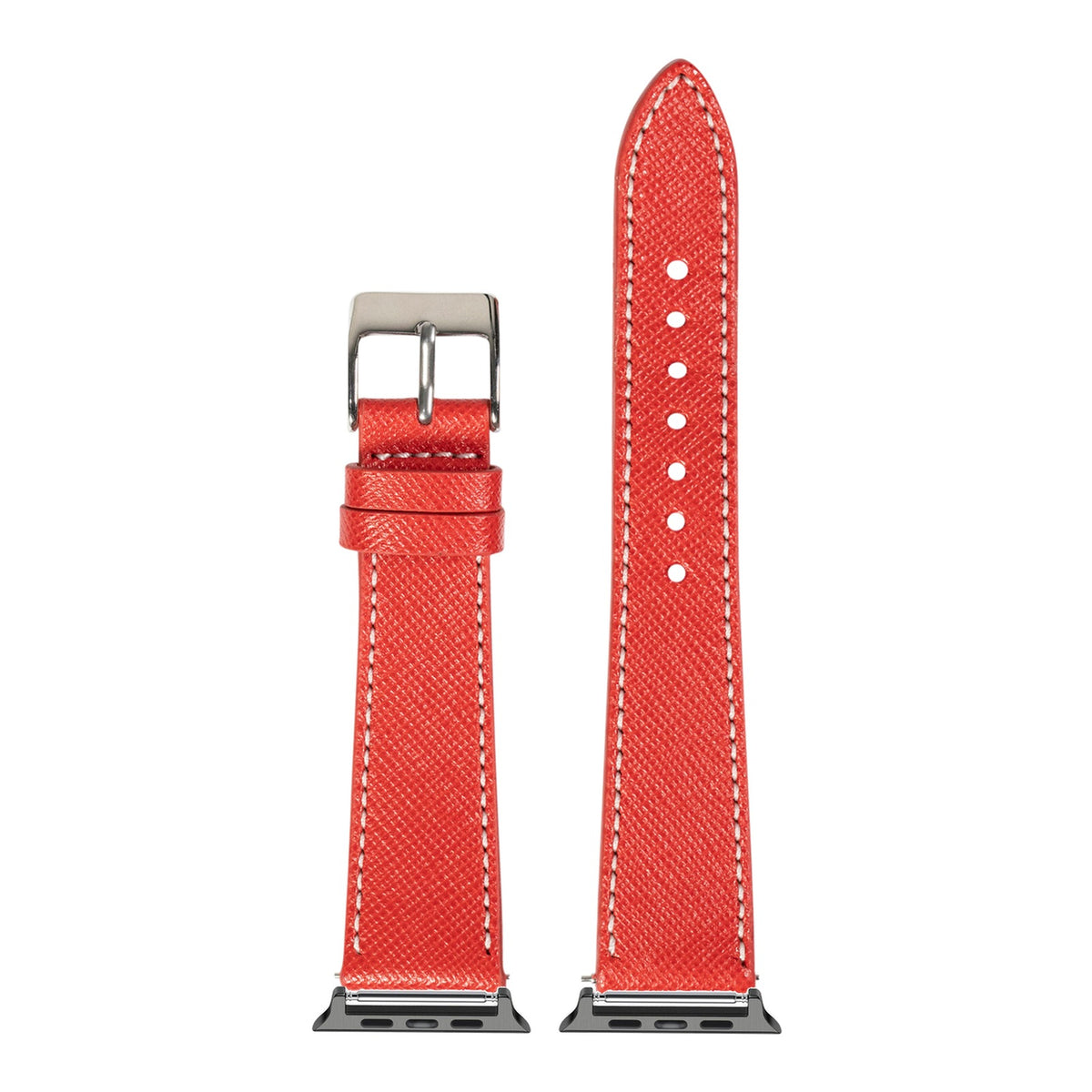 [Apple Watch] Saffiano Leather - Red with White Stitching with Black Apple Watch connecters