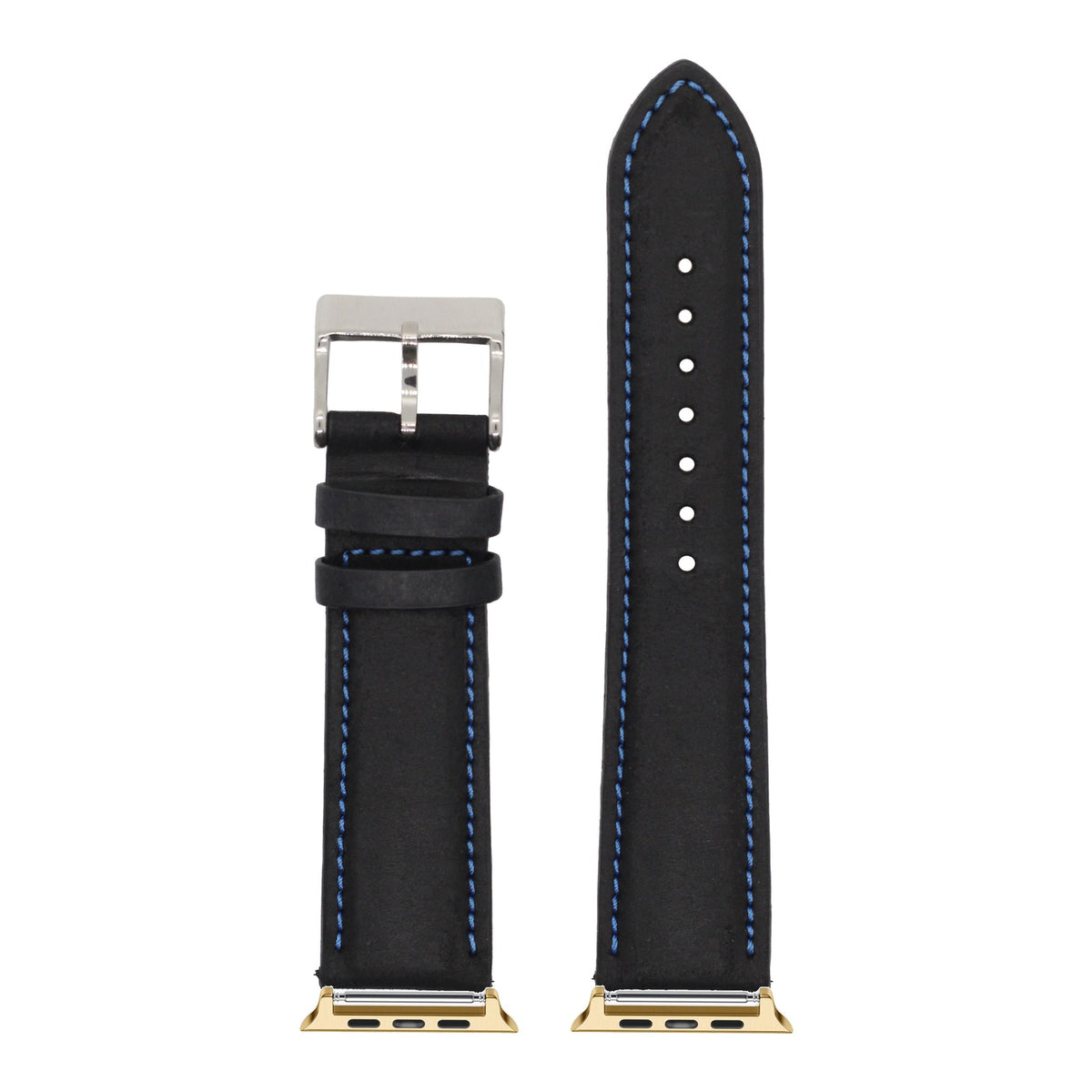 [Apple Watch] Padded Leather - Black | Blue Stitching with Gold Apple Watch connecters