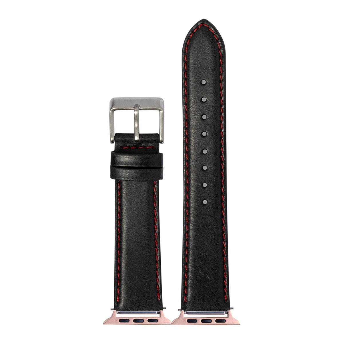 [Apple Watch] Padded Leather - Black | Red Stitching with Rose Gold Apple Watch connecters