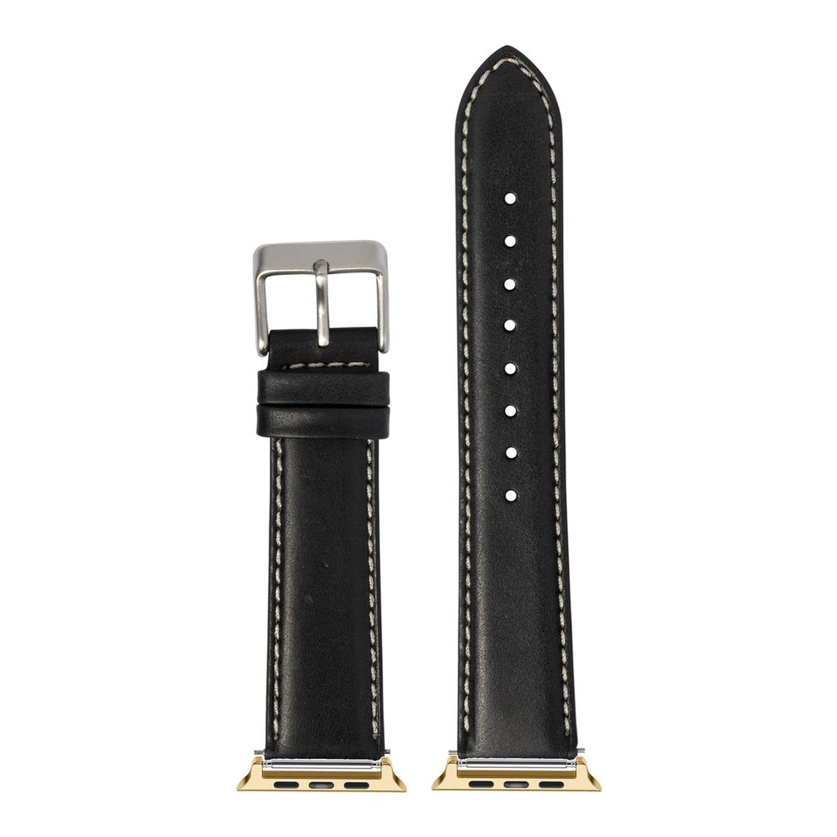 [Apple Watch] Padded Leather - Black | White Stitching with Gold Apple Watch connecters