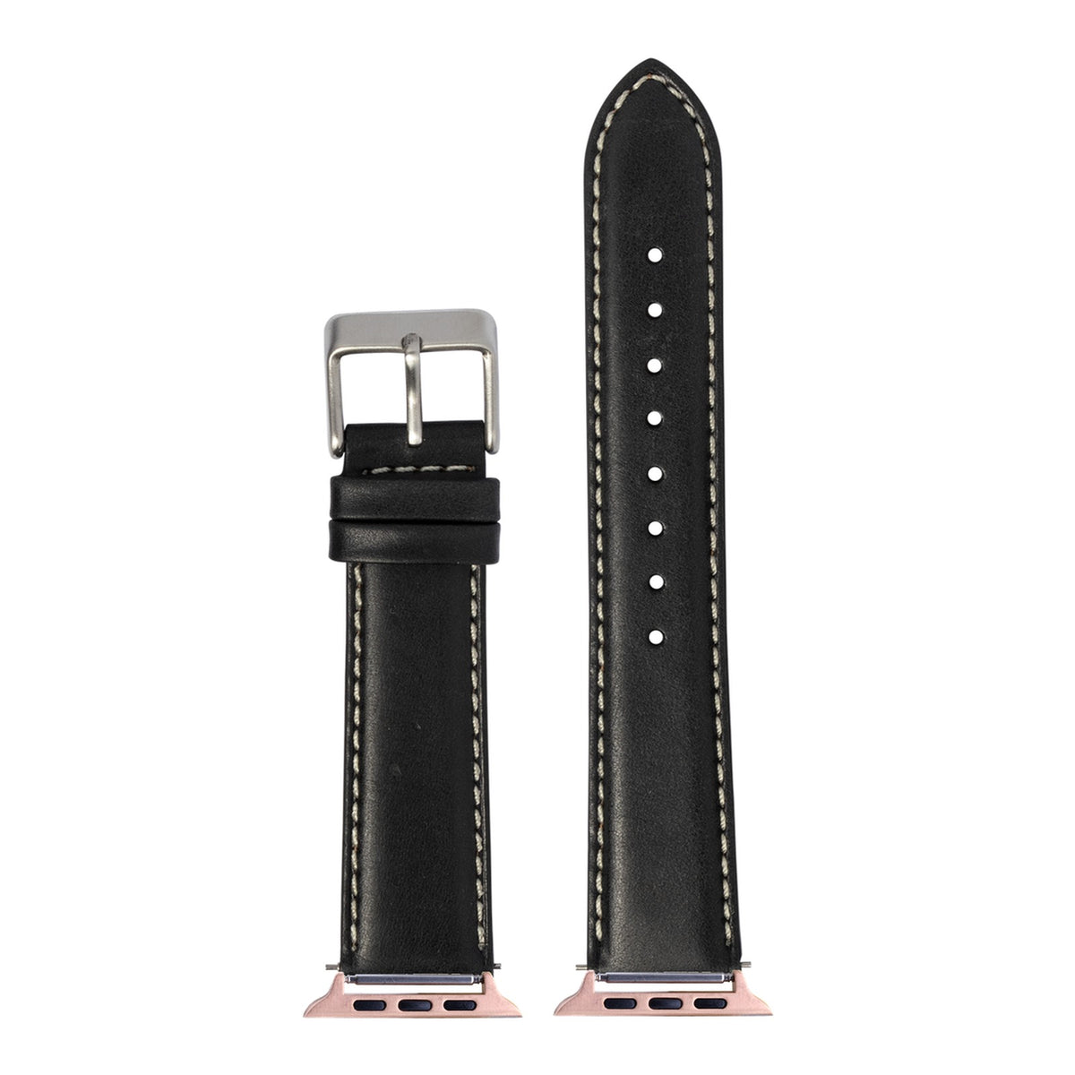 [Apple Watch] Padded Leather - Black | White Stitching with Rose Gold Apple Watch connecters