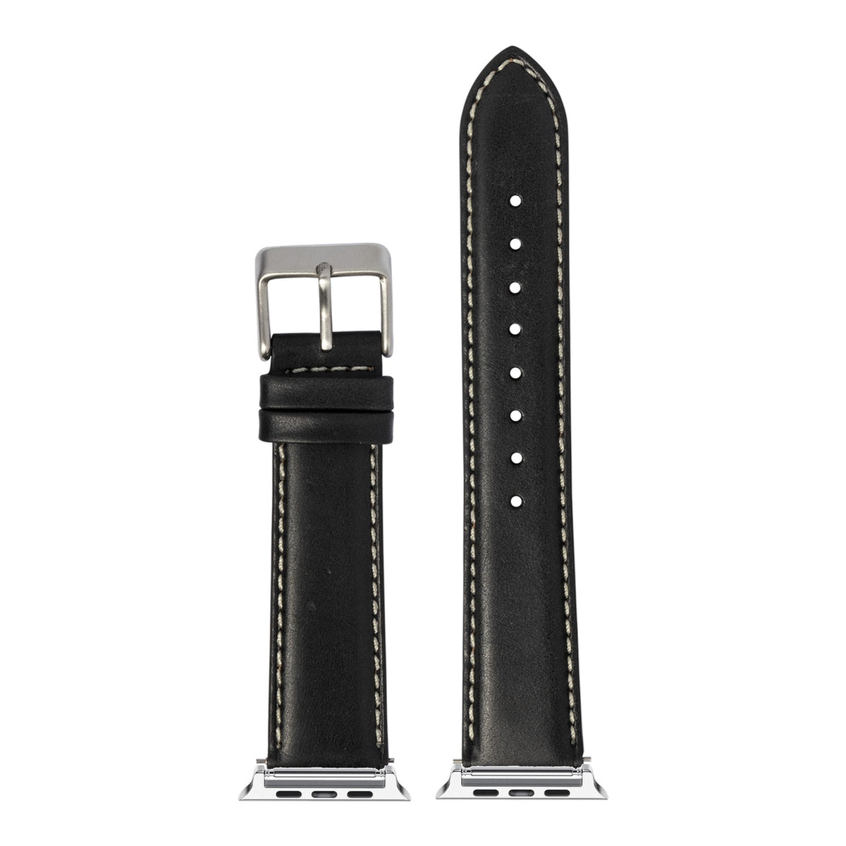 [Apple Watch] Padded Leather - Black | White Stitching with Silver Apple Watch connecters