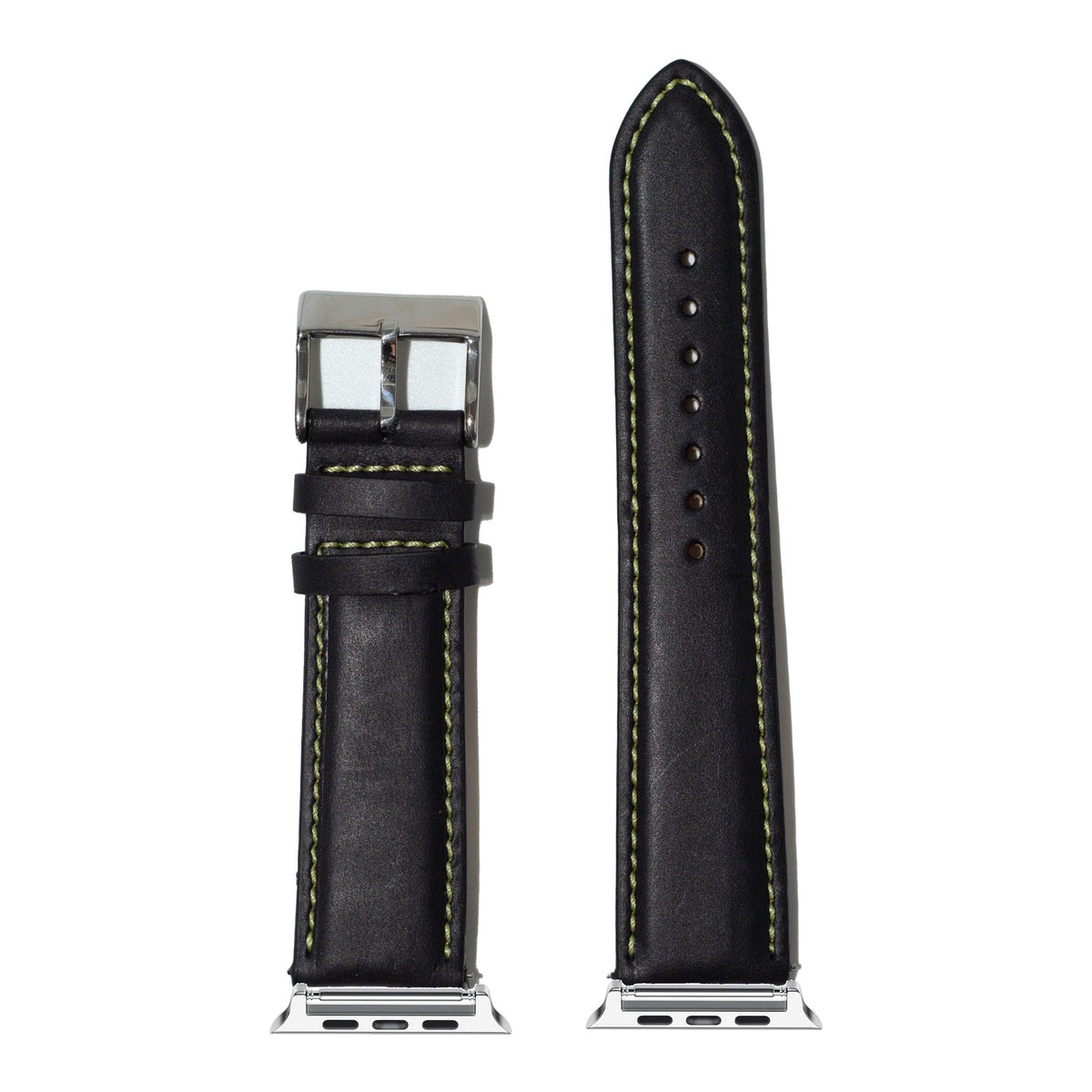 [Apple Watch] Padded Leather - Black | Yellow Stitching with Silver Apple Watch connecters