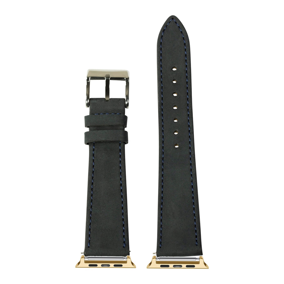 [Apple Watch] Nubuck Leather - Black | Navy Blue Stitching with Gold Apple Watch connecters