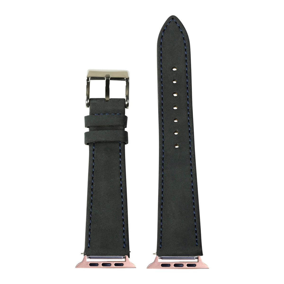 [Apple Watch] Nubuck Leather - Black | Navy Blue Stitching with Rose Gold Apple Watch connecters