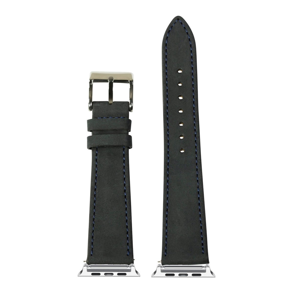 [Apple Watch] Nubuck Leather - Black | Navy Blue Stitching with Silver Apple Watch connecters