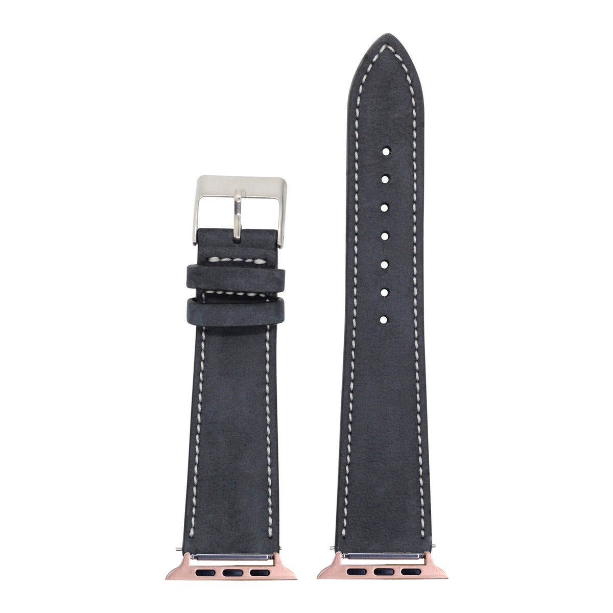 [Apple Watch] Nubuck Leather - Black | White Stitching with Rose Gold Apple Watch connecters